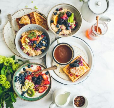 fruit salad on gray bowls